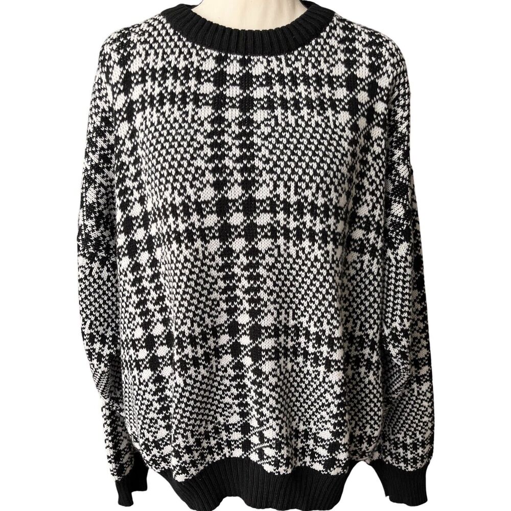 Hess's Sweater Women Sz XL, Black and White Herringbone Style, Italy, Baggy